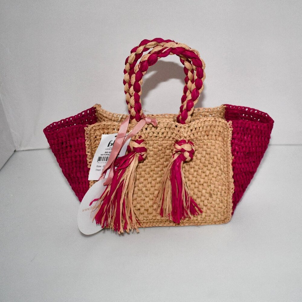 BTB Los Angeles Lucas Mini Tassel Raffia Tote Bag in Fuchsia -BGSS2449 NWT